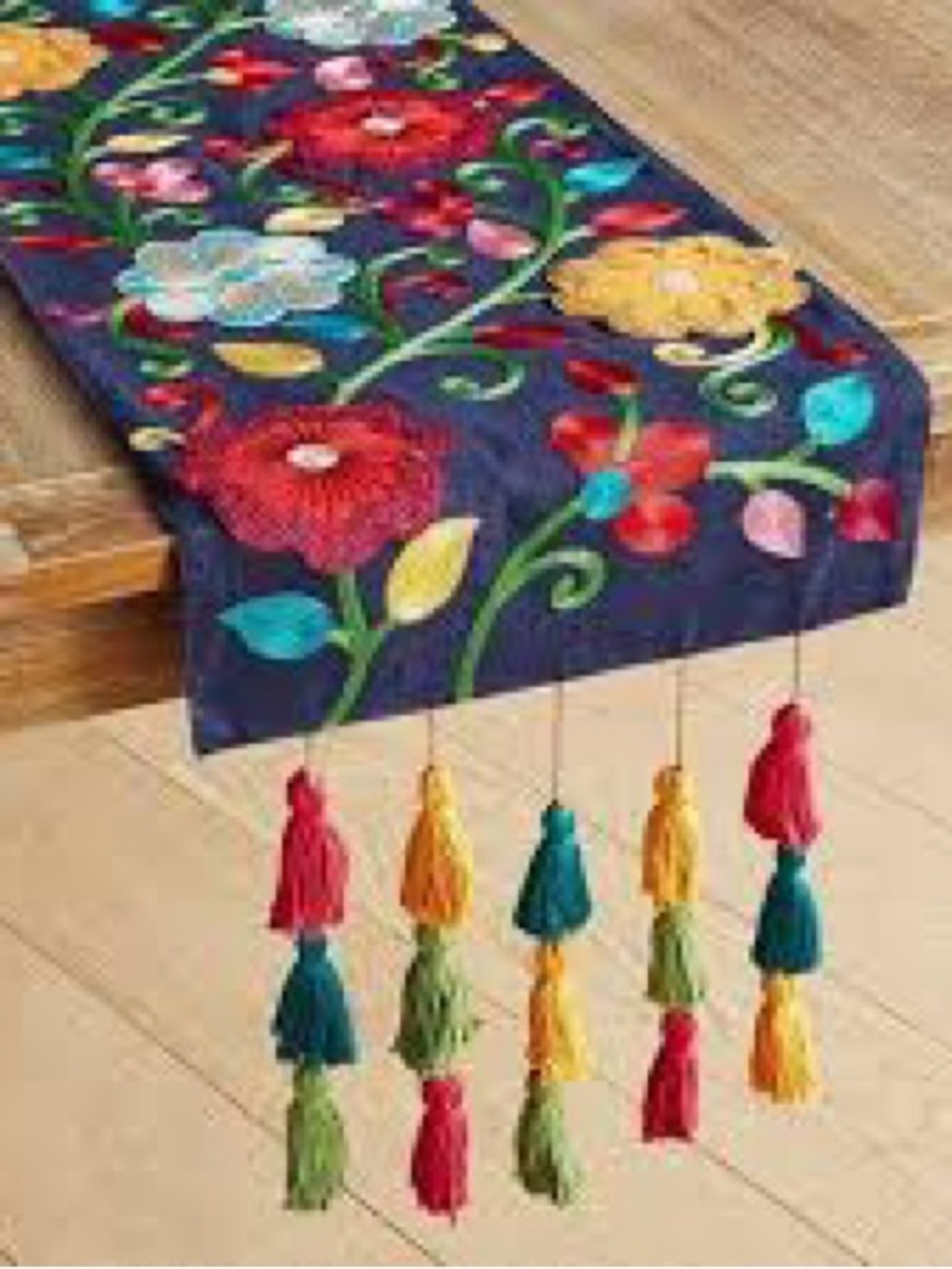 Pier 1 Fiesta Navy Embroidered Floral Table Runner with Multicolor Tassels